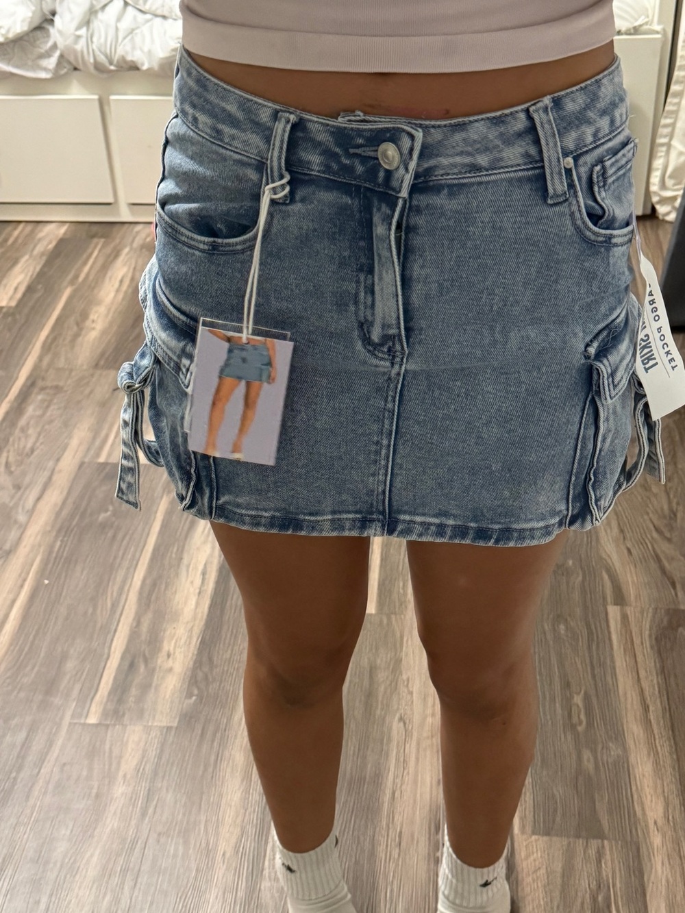 Wax Jean Light Blue Washed Denim Mini Skirt with Side Tie Details